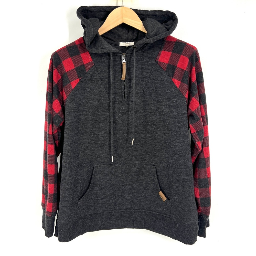 Maurices Womens Large Charcoal Grey Red Buffalo Plaid Quarter Zip Hoodie - Picture 1 of 10